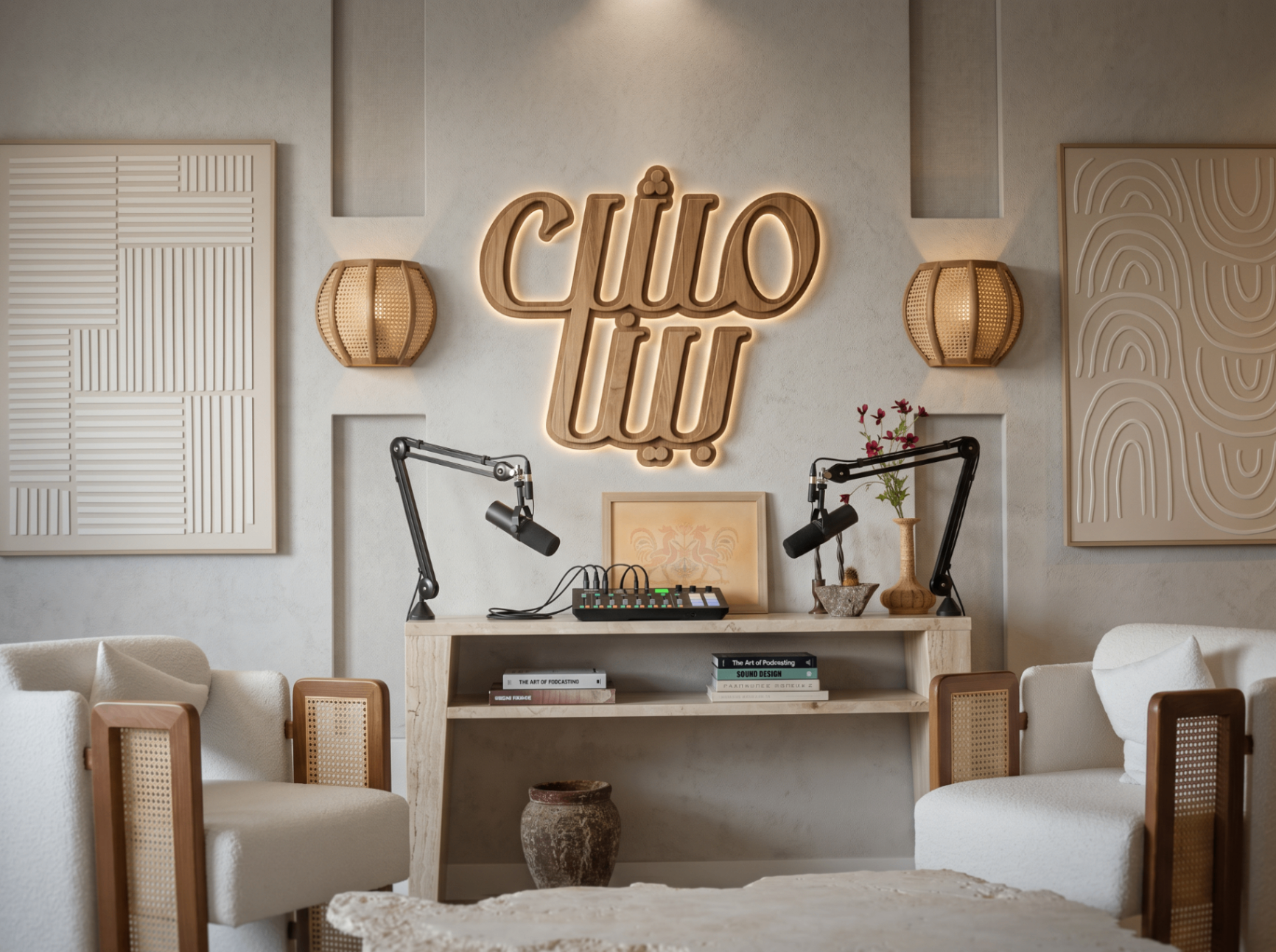 Mesh Baynna podcast studio with the illuminated Arabic wordmark on the wall